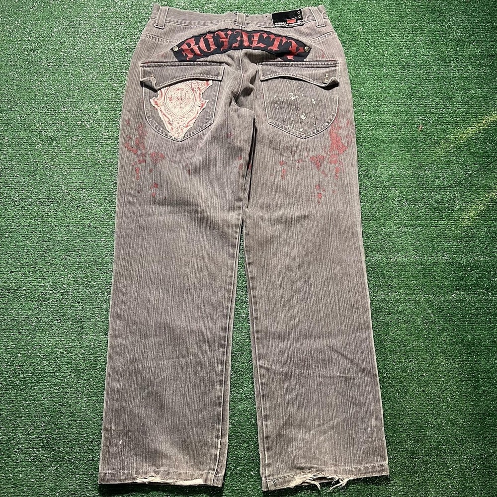 Royalty Jeans Mens 34x30 Gray Charcoal Stripe Denim Relaxed Straight Distressed